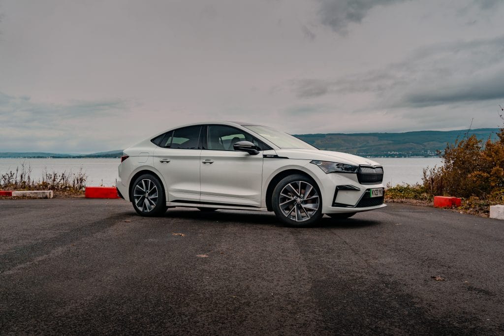 Front quarter view of Skoda Enyaq Coupe iV80 in Moon White