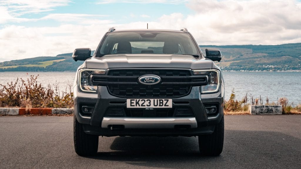 Front view of the Ford Ranger Wildtrak parked in front of river Clyde.