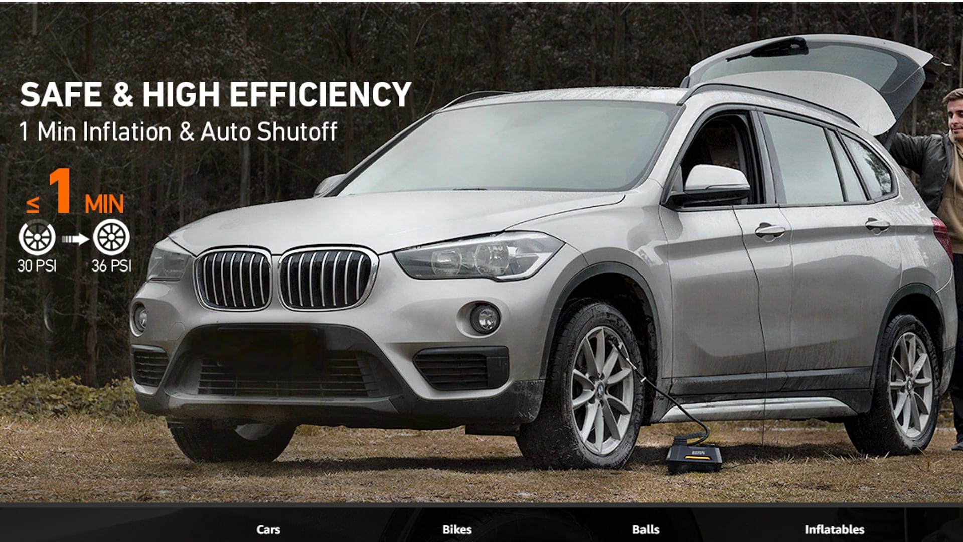 AstroAI air compressor inflating a BMW tyre