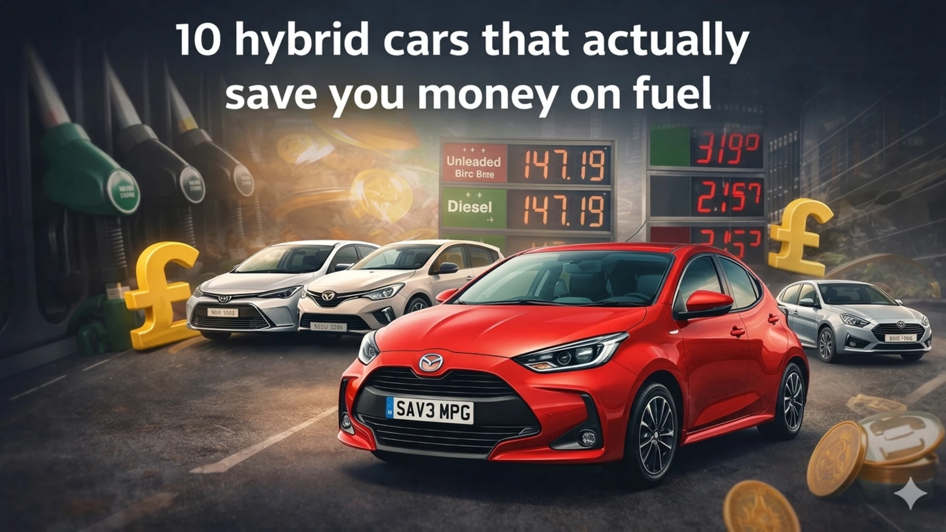 A futuristic display of fuel-efficient hybrid cars, representing the best UK models for saving money during the 2026 fuel crisis.