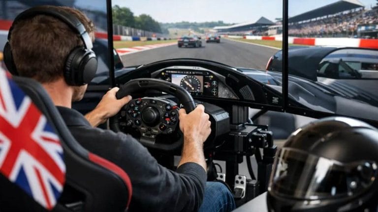 Photo of a man playing in a racing sim setup.
